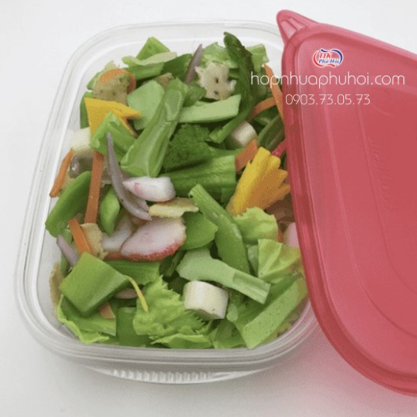 Hộp nhựa chữ nhật nắp đỏ 1900ml đựng salad trái cây